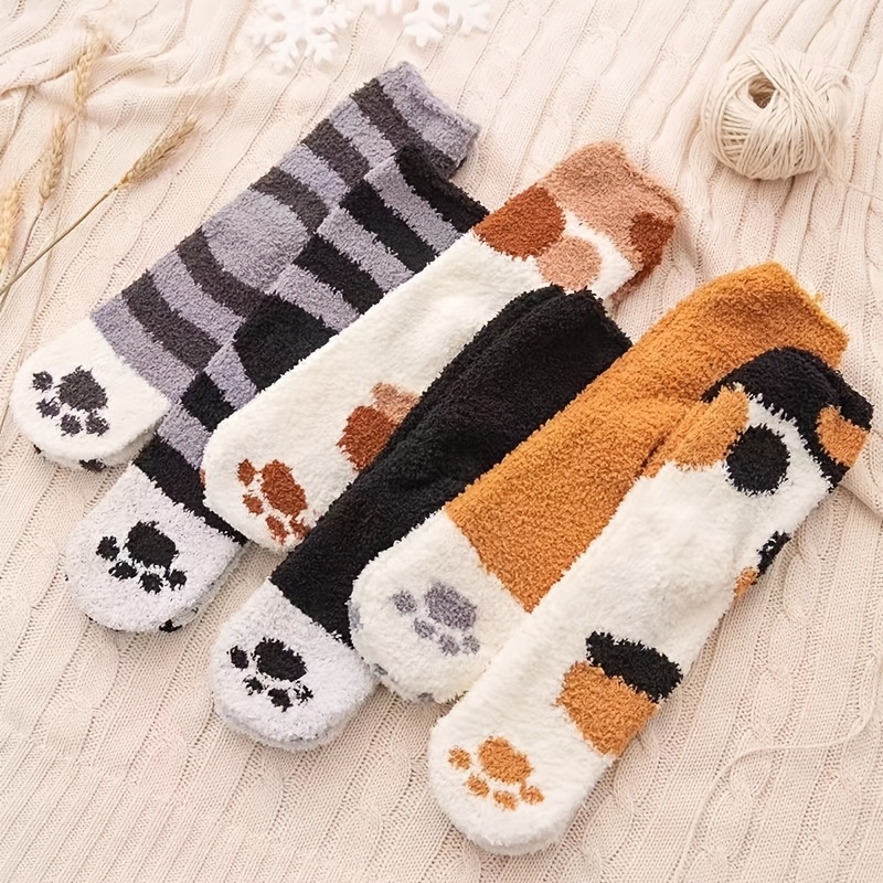 E-shop 6 Paar Damen Multicolor Herbst Winter Niedliche Lustige Katzenpfoten Socken Korallenfleece Mid-Calf Socken Schlaf Verdickte Warme Süße