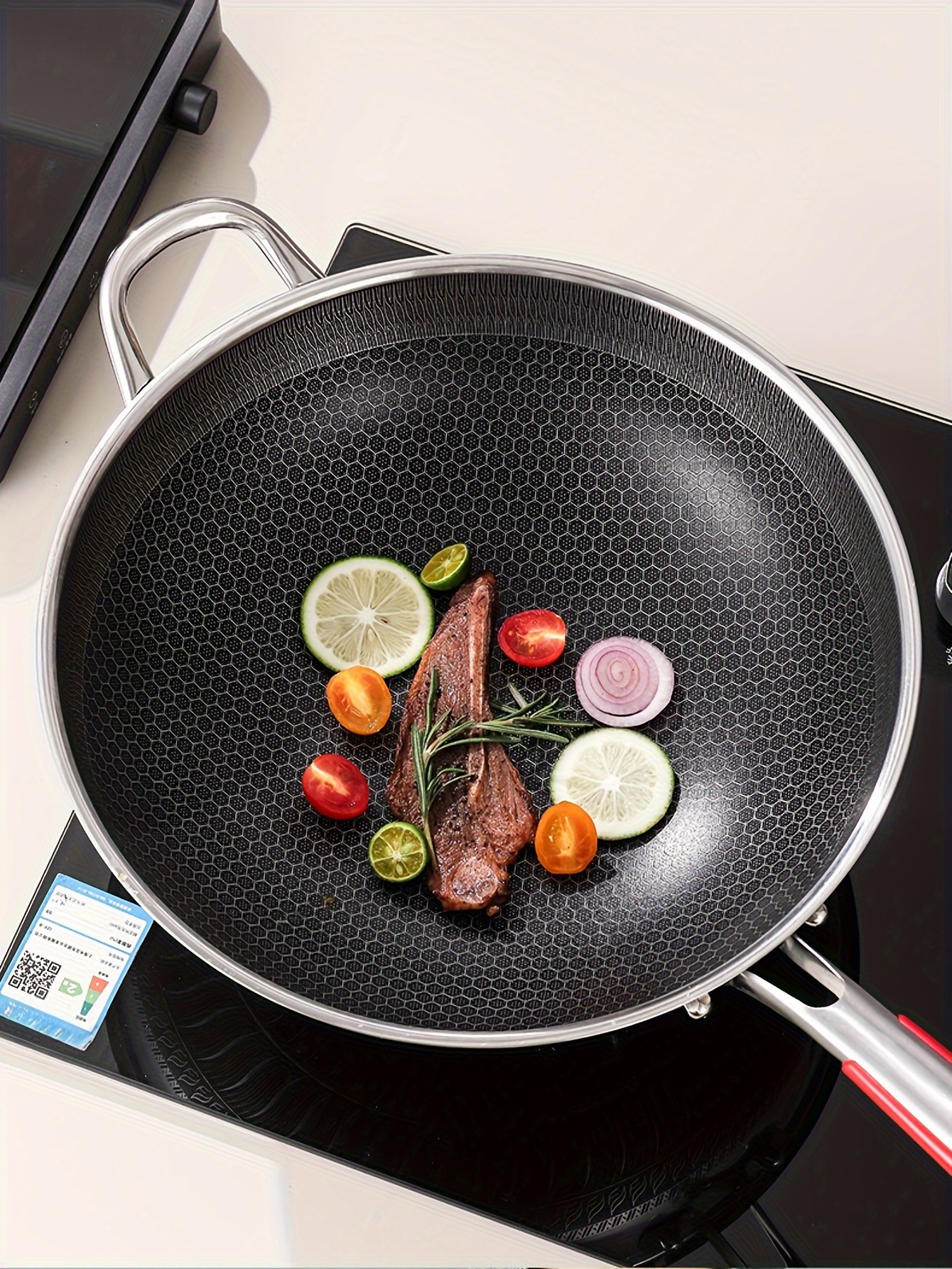 stainless steel non stick frying pan 32cm 34cm induction cooker gas stove compatible honeycomb wok design kitchen cookware for fried fish eggs steak outdoor use details 1