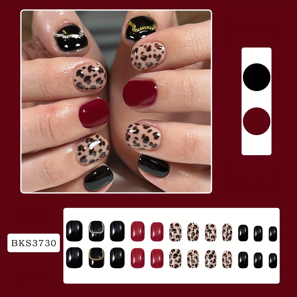 TEMU 24pcs Elegant Leopard Print & Wine Red Nail Set, With Design, Short Fake Nails For Daily Wear & Party