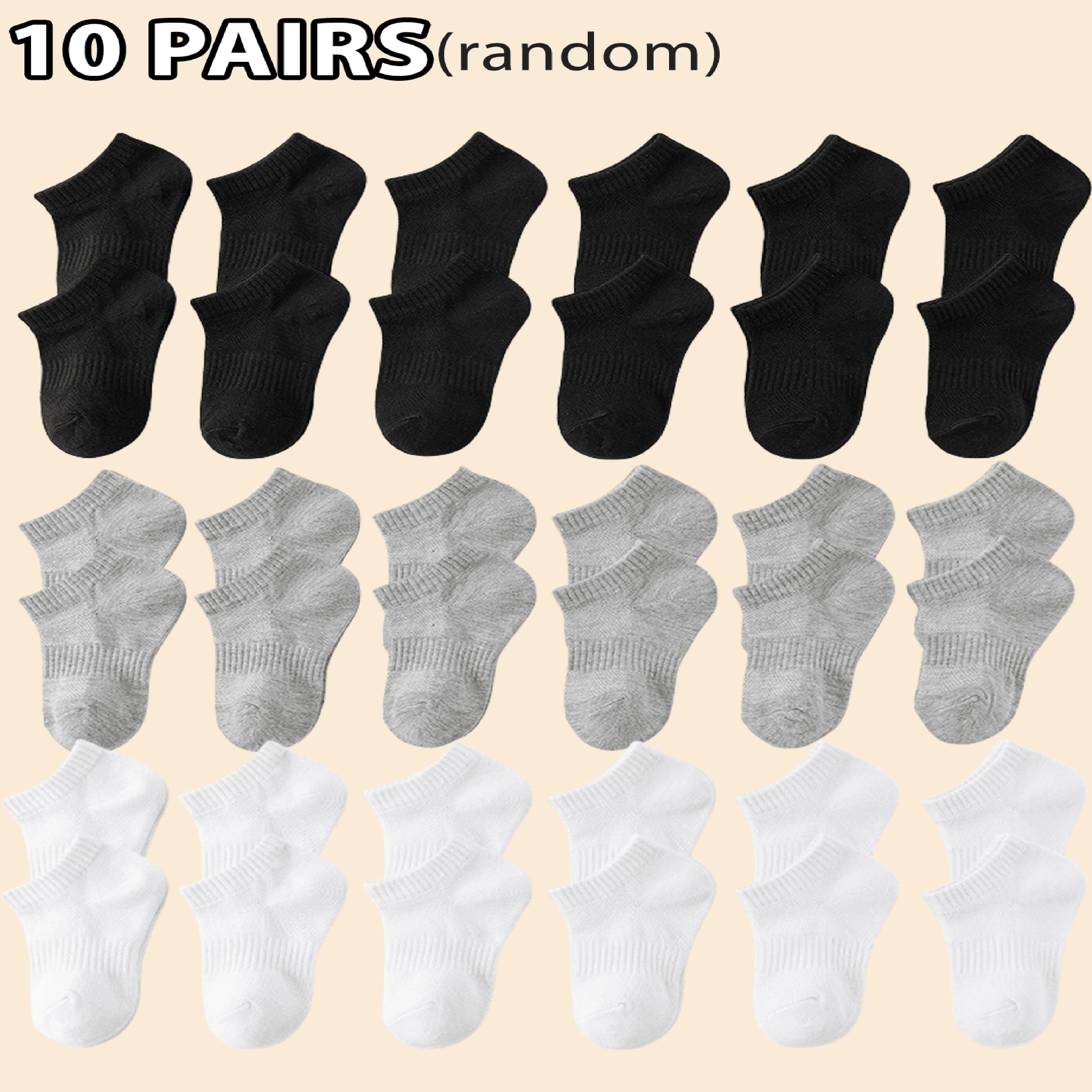 10 Pairs Of Children's Solid Color Black, White And Grey Baby Socks Combination