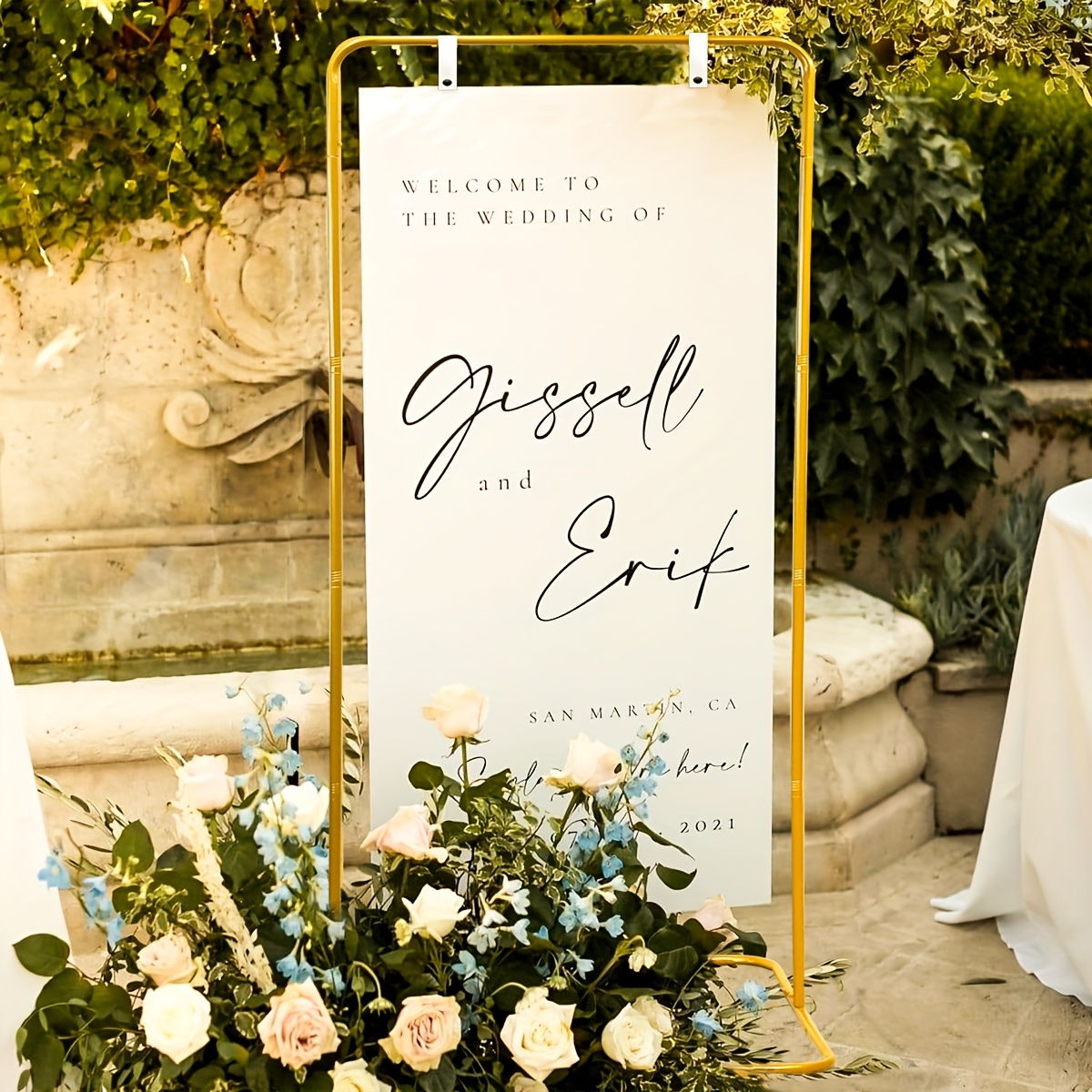 Outdoor Welcome Sign with Iron Frame, Metal Wedding Sign Rectangular Stand, No Hanging Tags and Flowers, Modern Design, Suitable for Weddings, Birthdays, Events, and Display Stands, Flowers and Posters Not Included