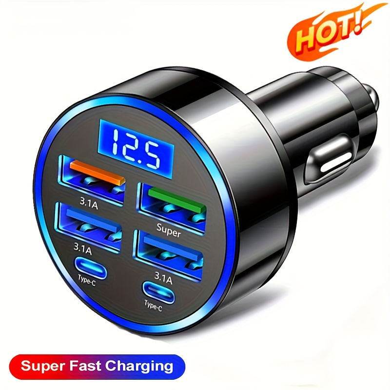 item picture 6-In-1 Car Fast Charger, Fast Charging USB-C Dual PD+QC3.0 4USB Interface Digital Display, Matte Texture Portable Car Charger, Universal Adapter, Car Charging Station, Modern Charging Technology, Durable Construction, Battery-Free