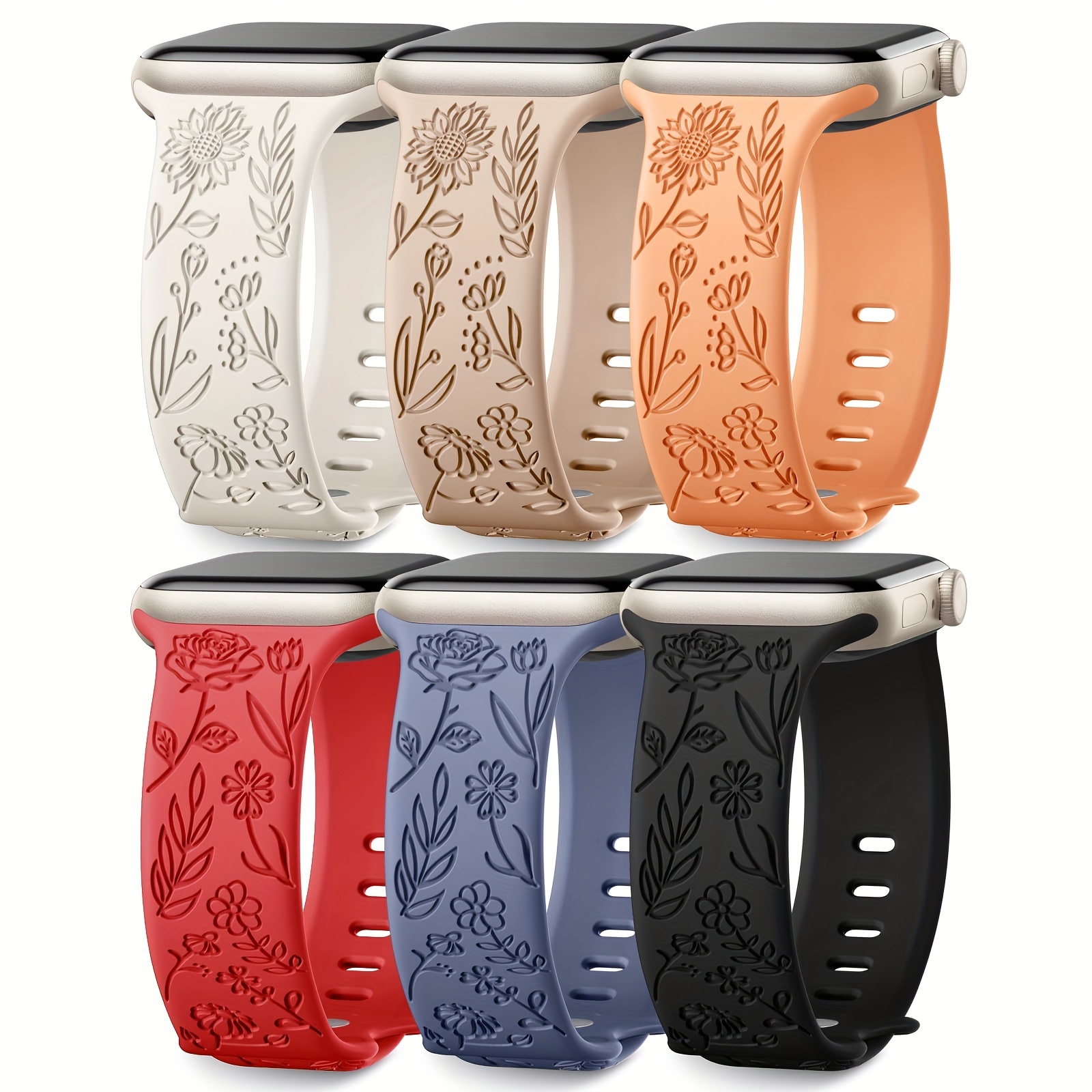 

6 Pack Floral Engraved Bands Compatible With Apple Watch Band 44mm 40mm 38mm 41mm 45mm 49mm 42mm Women, Soft Silicone Cute Sport Strap For Iwatch Bands Series Ultra Se 6 5 4 3 2 1