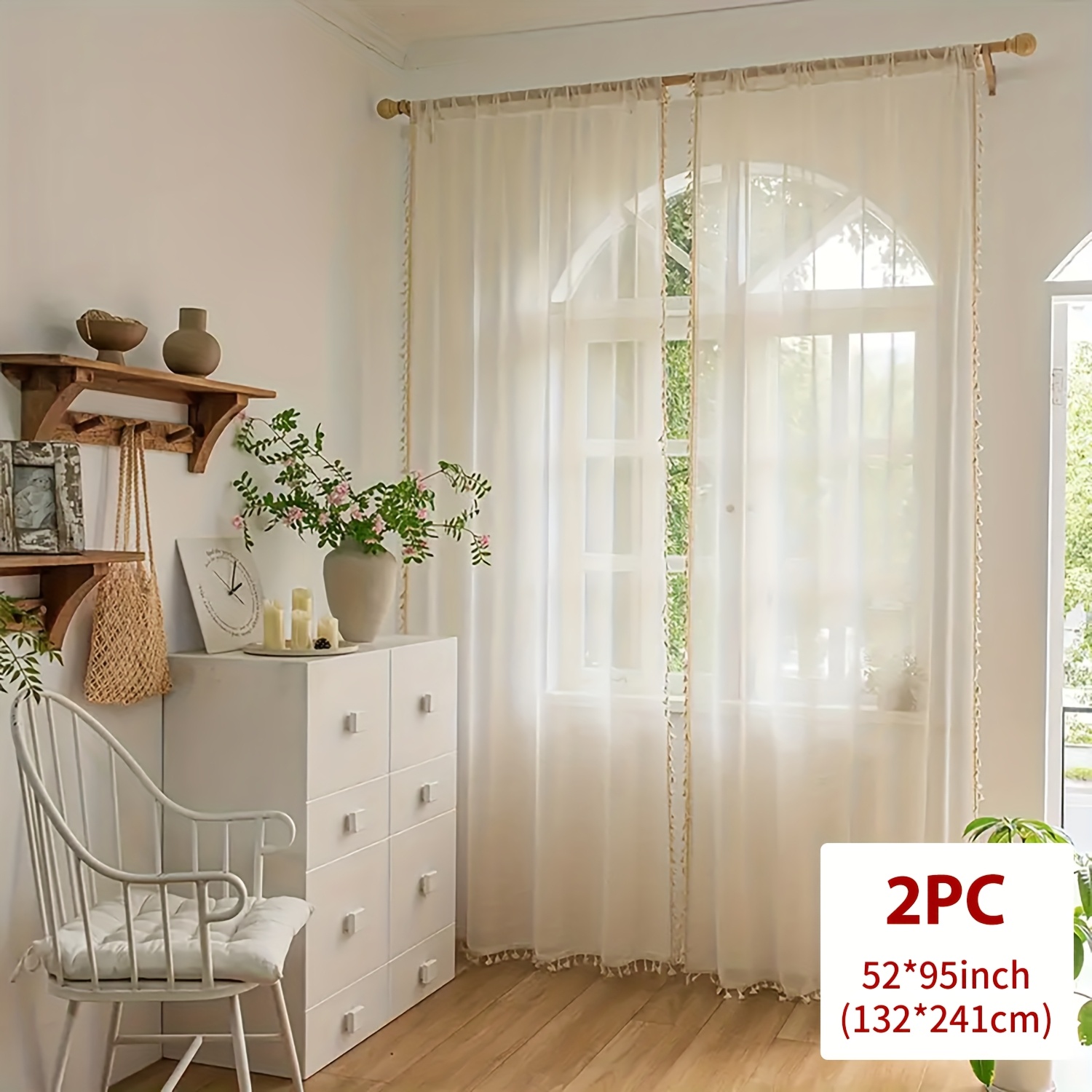 Image of 1/2pcs Bohemian Style Linen Sheer Curtains, Light Filtering, Rod , Suitable For Living Room, Bedroom, Balcony Rustic Home Decor