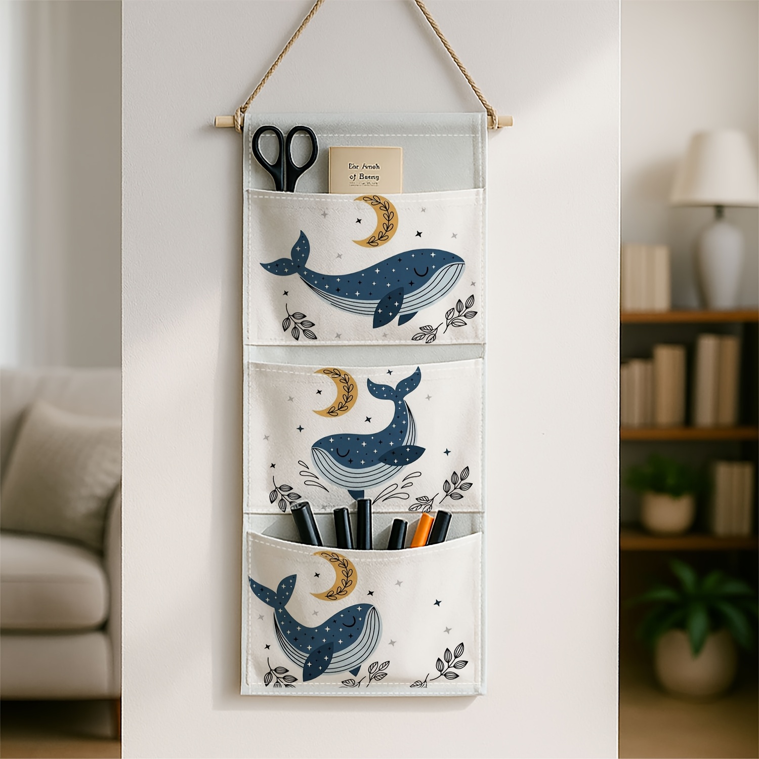 TEMU 1 pz Sacca portaoggetti da parete in stile nautico scandinavo con balene blu e a tre , design pieghevole sospeso per camera da letto, dispensa,