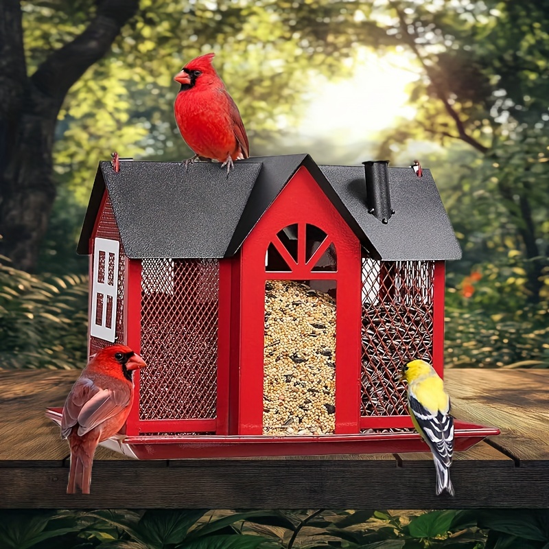 TEMU Large Capacity Outdoor Bird Feeder Hut With Metal Mesh & Triple Feeders - Weather-resistant, Easy For Attracting ,