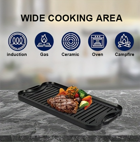 1pc cast   rectangle roasting pan with reversible multi cooker deep roasting grill pan non stick camping cookware black details 4