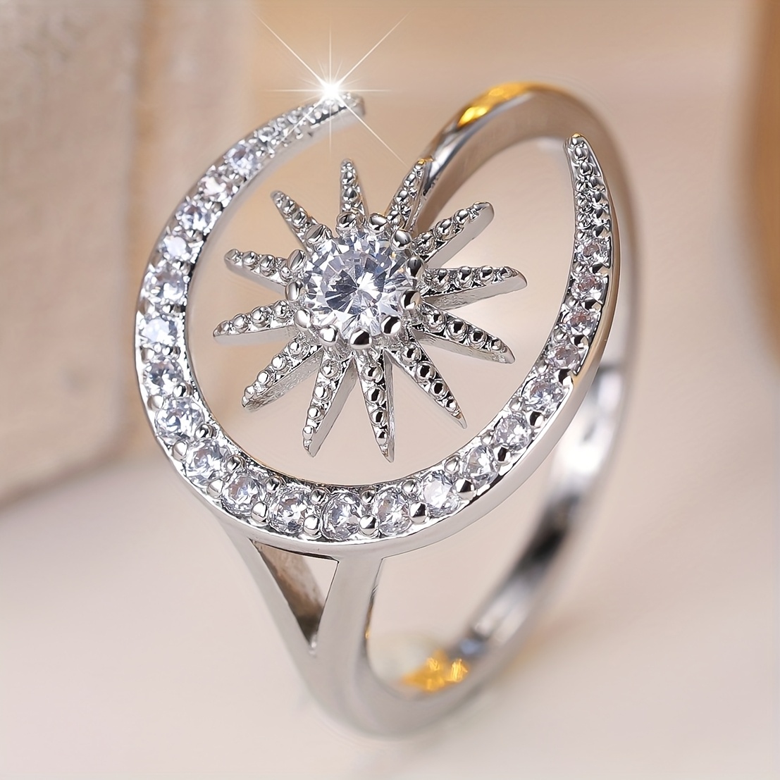 TEMU Anello Moda , Design Luna e Sole, Decorato con Zirconi Sintetici , Oro o , Scegli come Preferisci, per Look Quotidiani e Accessori da Festa, per