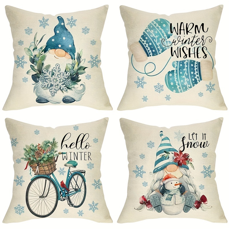 

4pcs Hello Winter Christmas Throw Pillow Cover Mitten Snowflakes , Bicycle Snowman Farmhouse Home Decoration Pillowcase Decors 18inxhx18inch No Pillow Insert