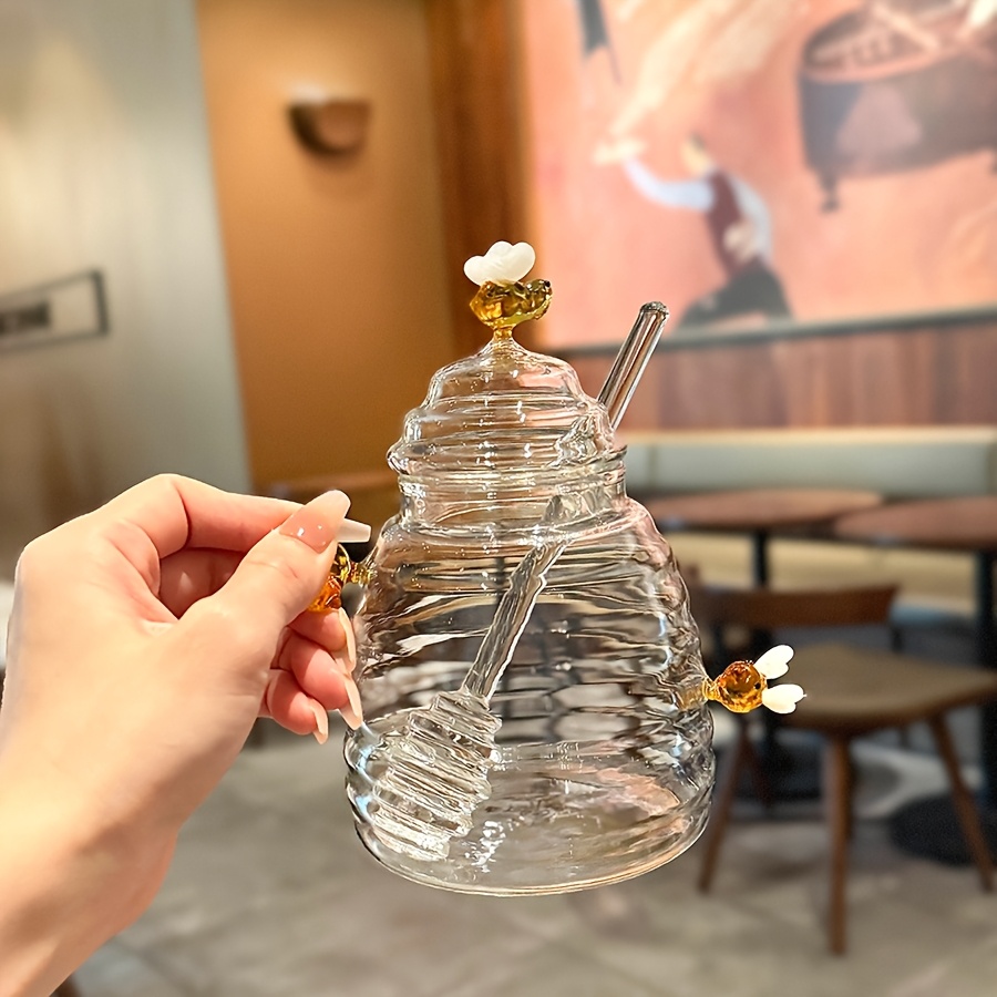 1pc glass honey jar with   lid transparent high borosilicate honey container bee decorations airtight storage for honey syrup  