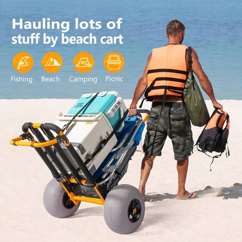 foldable fishing trailer beach wagon cart with fishing tube water bottle holder mesh bag fishing cart with 12 inflatable wheels for fishing camping picnic outdoor activities