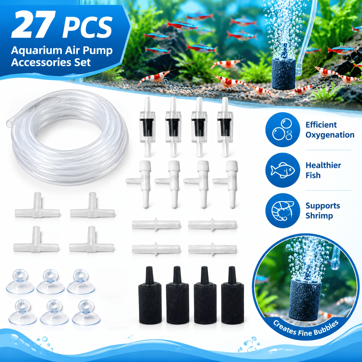 TEMU 27pcs Aquarium Air Pump Accessories Set, Fish Tank Oxygen Aeration Kit With Airline Tubing, 4 Air Stones, 4 Check Valves, Control Valves, 4