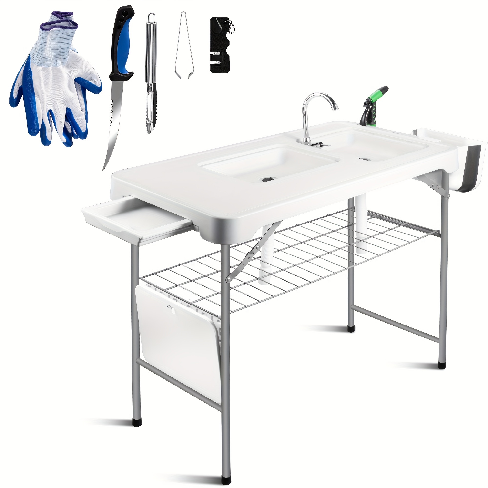 

42''folding Fish Cleaning Table With Double Sink, Portable Outdoor Fish Cleaning Station With Grid Rack&6pc Fish Cleaning Kit, Washing Station For Picnic Or Kitchen