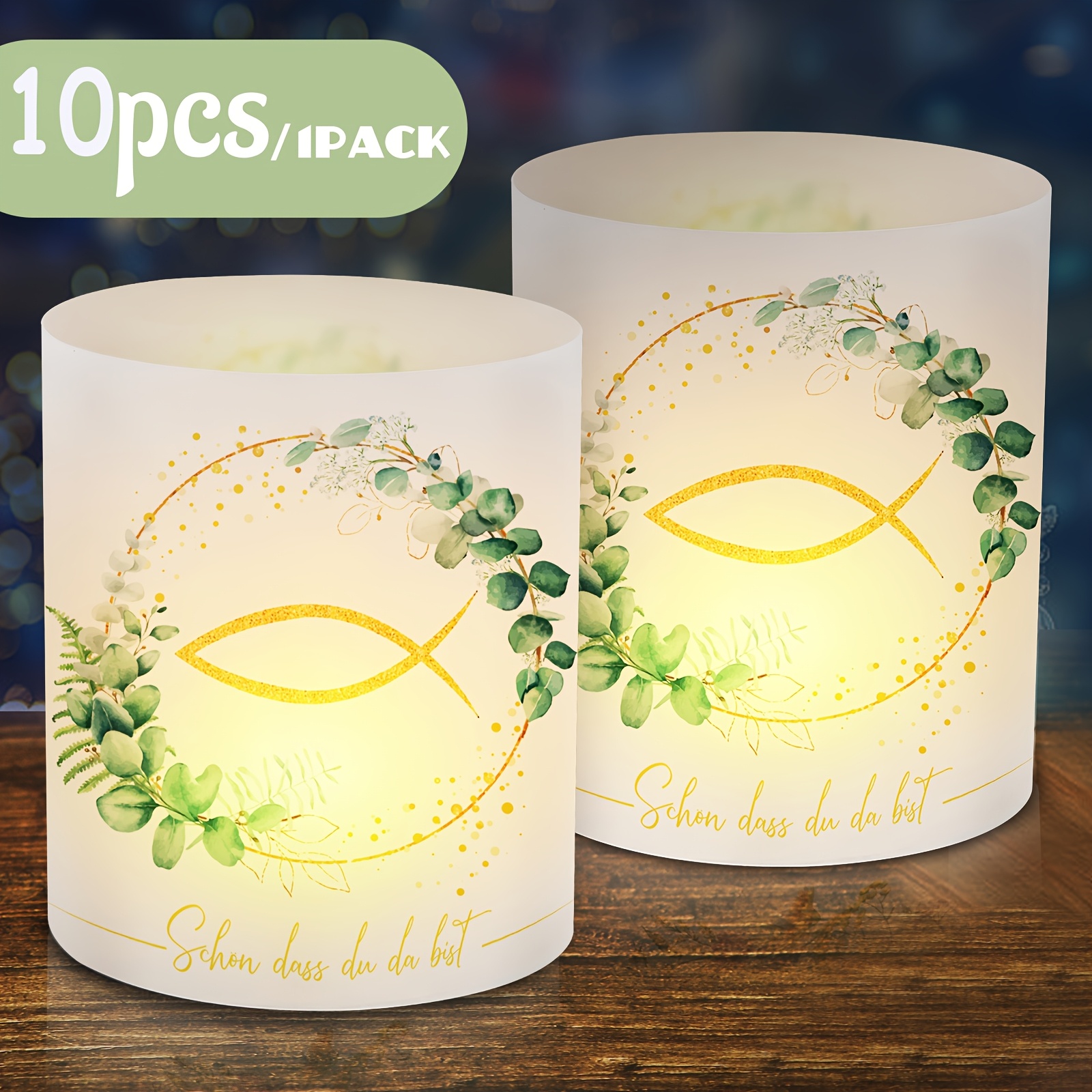 E-shop Set mit 10 Lampenschirmen – Eukalyptus Grüner Tee Licht Dekorationen, Geeignet für , Taufe, Abendessen und Feiern – Vielseitige festliche Deko
