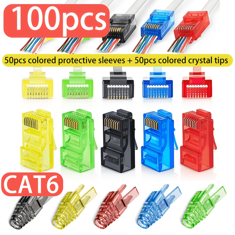 TEMU Lot de 100 connecteurs traversants Cat6 RJ45, couleurs (10 pièces/couleur), fiche et prise modulaires faciles à sertir pour câble réseau UTP