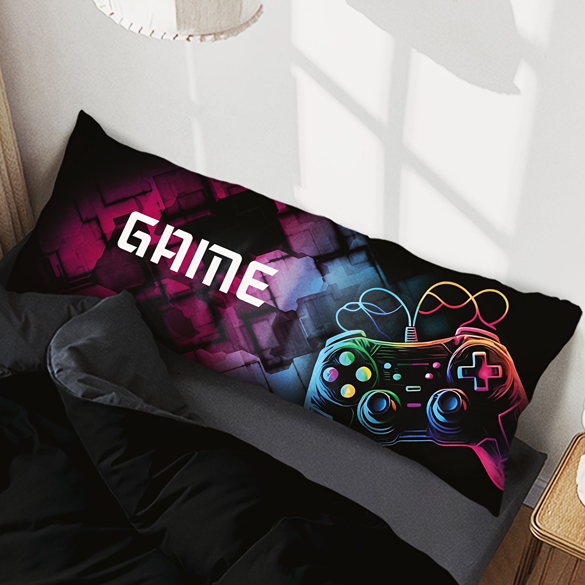 TEMU 1 Game Controller Pillowcase | Bright , Machine Washable Polyester With Hidden Zipper, Black Background With Colorful Gamepad Design, Suitable For Bedroom, Dorm Or , Gaming Accessories