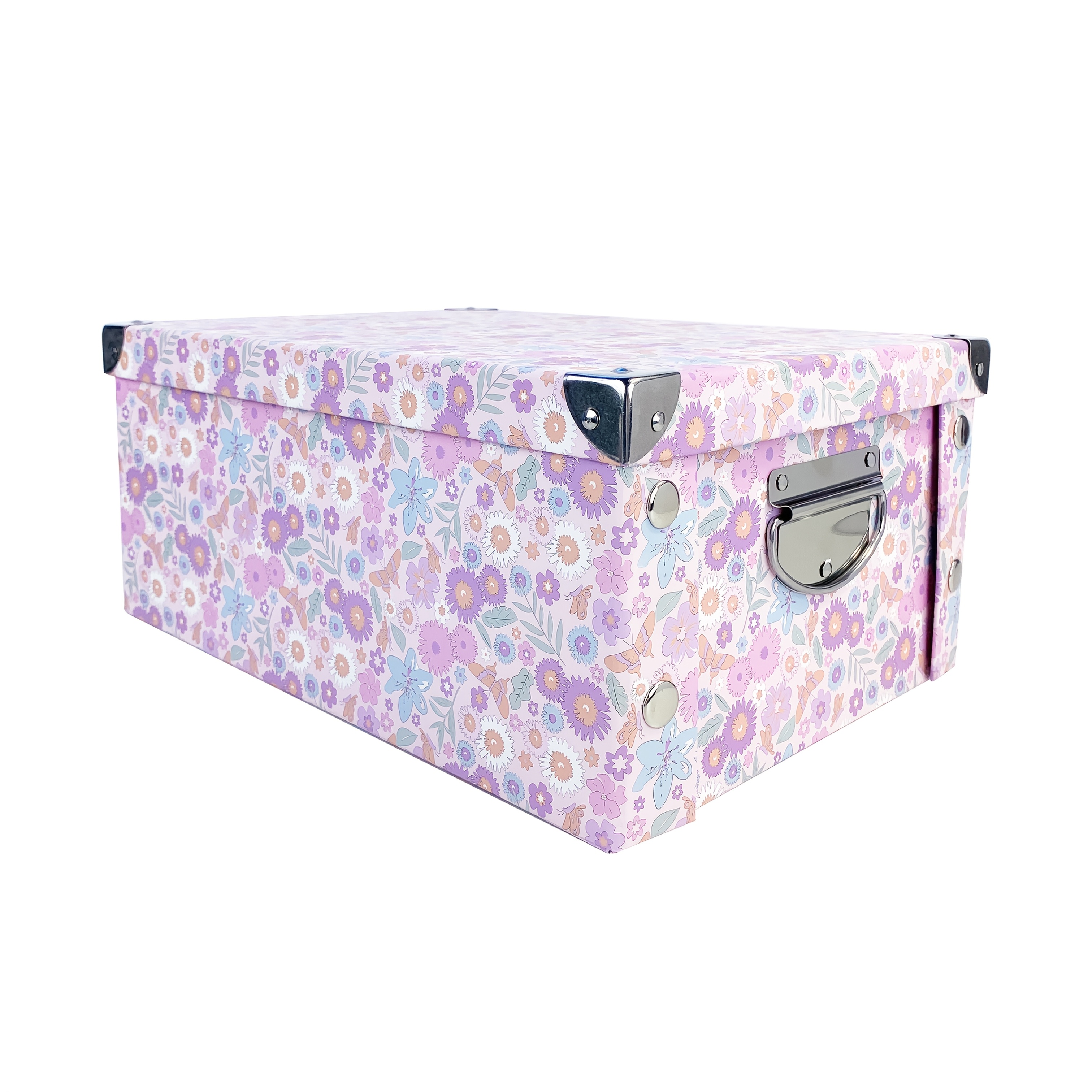 TEMU Metal Reinforced Foldable Storage Box With Light Purple Floral Pattern, Built-in Magnetic Closure, And Portable