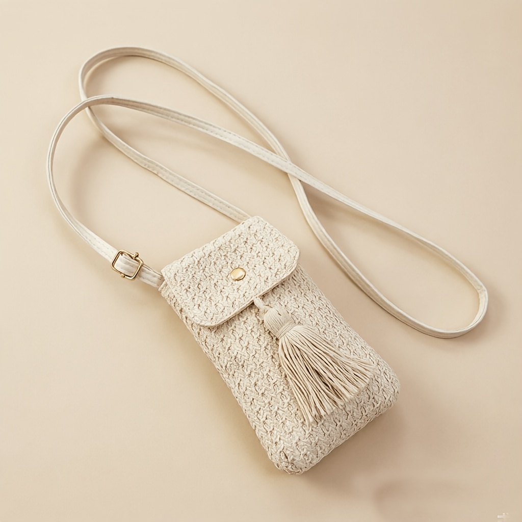 TEMU Women's Summer Straw Crossbody Bag, Mini Woven Tassel Phone Bag, Bohemian Style Vacation Beach Small Bag, Portable Coin And Key Storage Bag