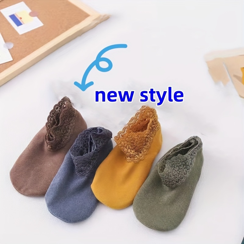 

4-pack Women's Elegant Lace Trim Ankle Socks, Warm Winter Snow Boots, Polyester & Spandex, No-dry Clean, Solid Color, Ladies Fashion Accessories, Crew Socks