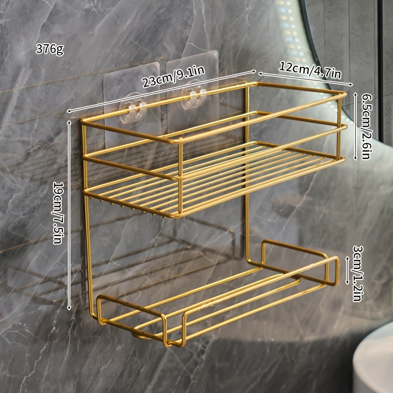 TEMU 1 Golden Double-layer Metal Shelf, Wall-mounted And Punch-free, Layered Storage Of Cosmetics, Paper Towels, Hollow Structure Is Not Easy To