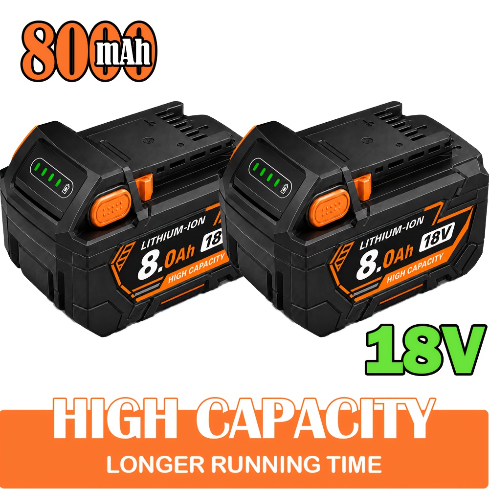TEMU Paquet de 2 batteries de rechange lithium-ion 8.0Ah 18V haute capacité améliorées, qualité professionnelle, adaptées aux outils électroportatifs