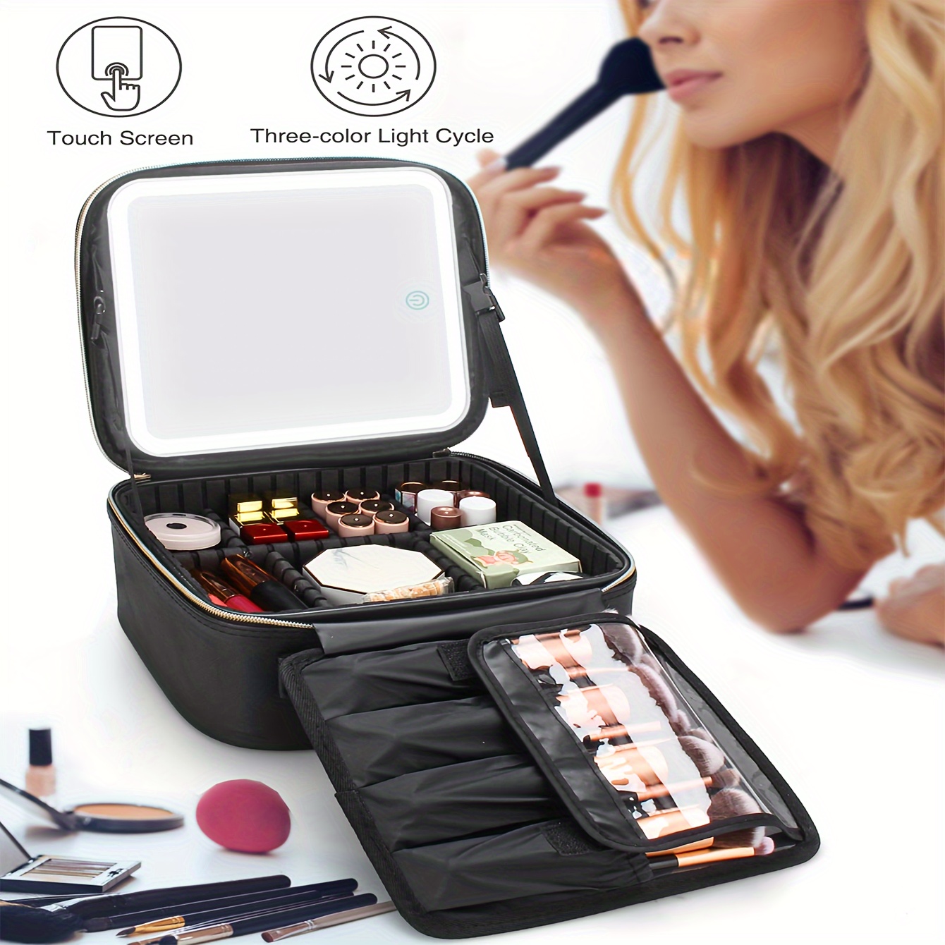 

Makeup Bag With Light Up Mirror, Makeup Case Travel Cosmetic Bags Brush Organizer Storage Box, Rechargeable Vanity Mirror With 3 Color Lights, High Frame Mirror Protection