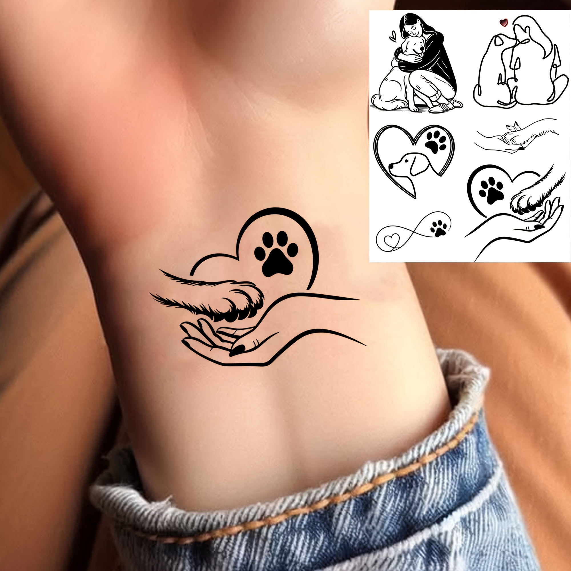 TEMU 1 Sheet Hand Dog Heart Pet Temporary Tattoos For Women Men Hands Finger Foot Neck Waist Legs Thigh Forearm Shank Half Sleeve Arm, Temp Fake