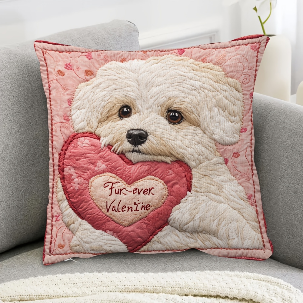 

1pc "fur-ever Valentine" Double-sided Short Plush Pillow Cover, 18x18 Inch - Pink With Heart & , Zip Closure, Machine Washable For Sofa, Living Room, Bedroom Decor (no Insert), Cute Pillows