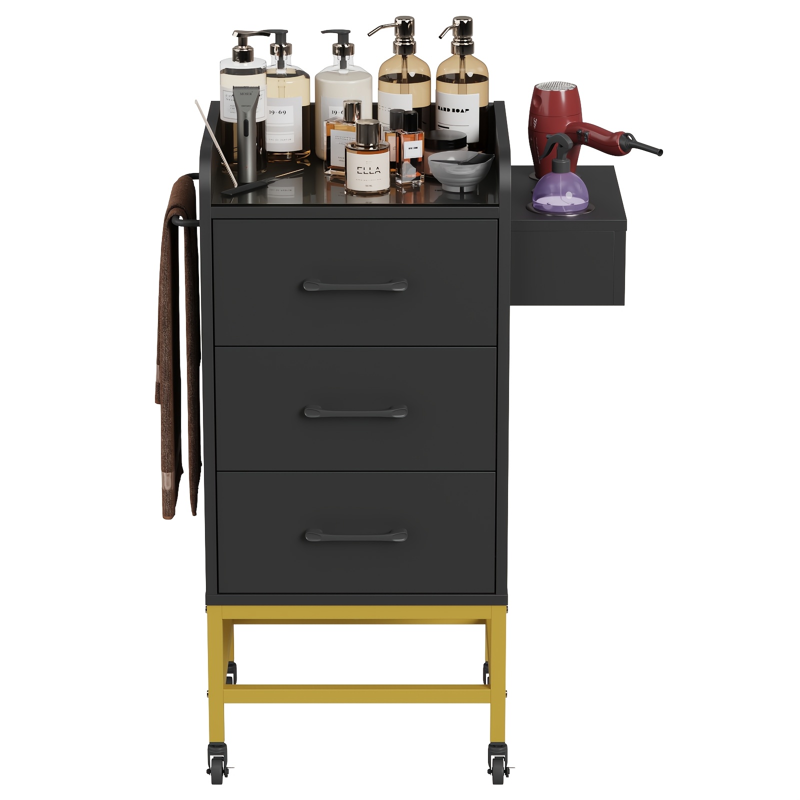 Image of Hairdressing Cart With 3 Drawers, Service Cart On Casters With Tempered Glass Countertop, Salon Cart With Equipment Holders & Towel Rack, Beauty Trolley For Barbershops, Pubs, Salons, And Spas