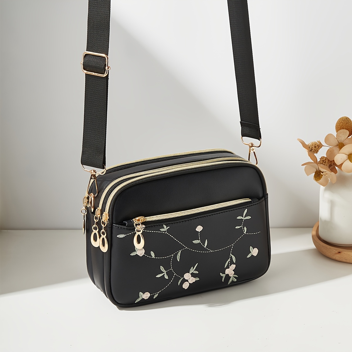 TEMU 1pc Women's Classic Embroidered Small Square Bag, Multi-functional Adjustable Shoulder Strap Crossbody Bag, Daily Essential Single Shoulder Bag,