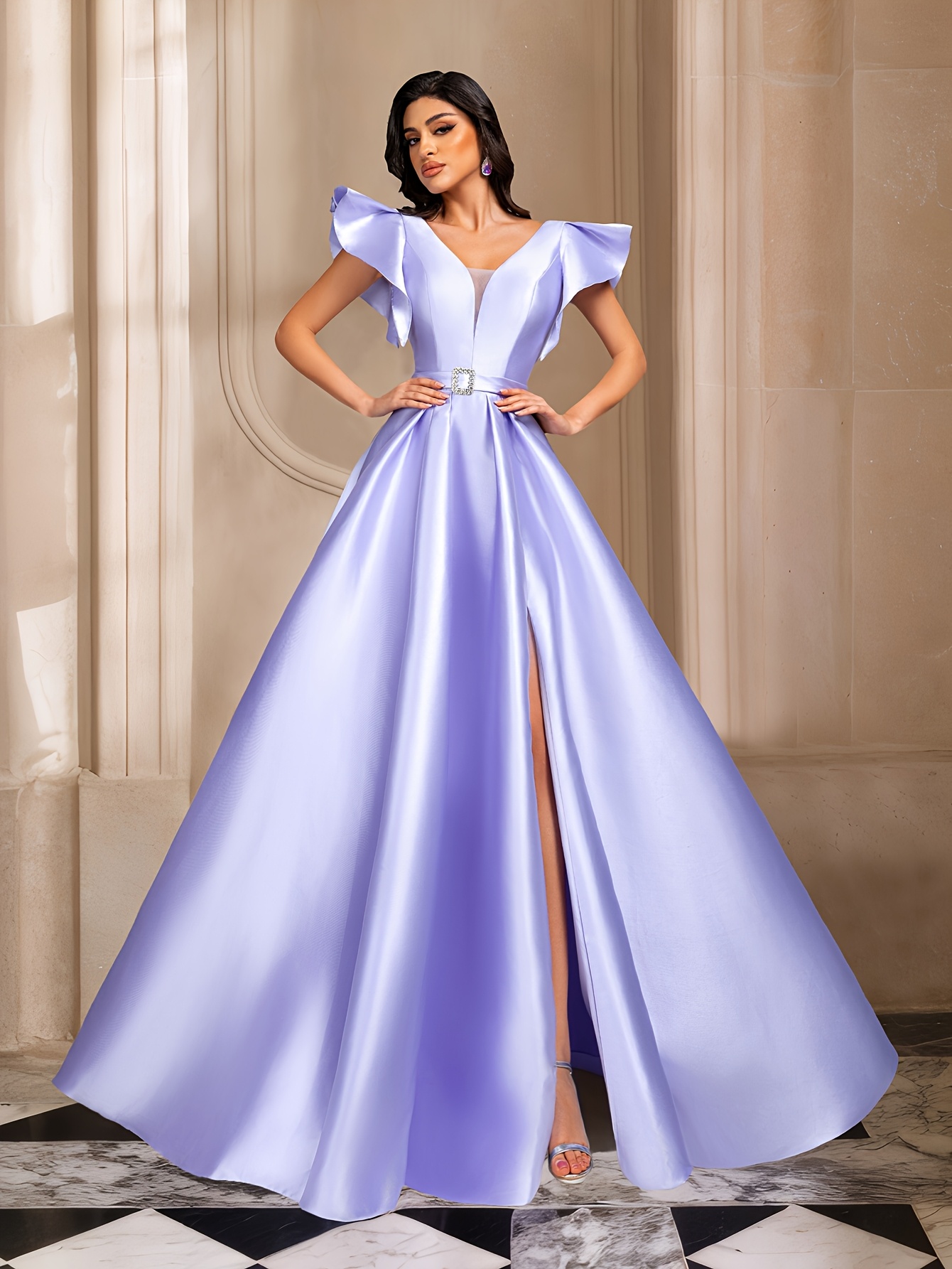 One-Piece Ruffle Flare Sleeve Women's Evening Dress, Elegant Satin Long  Formal Gown, A-Line Skirt with High Waist and Design, Party Dress for