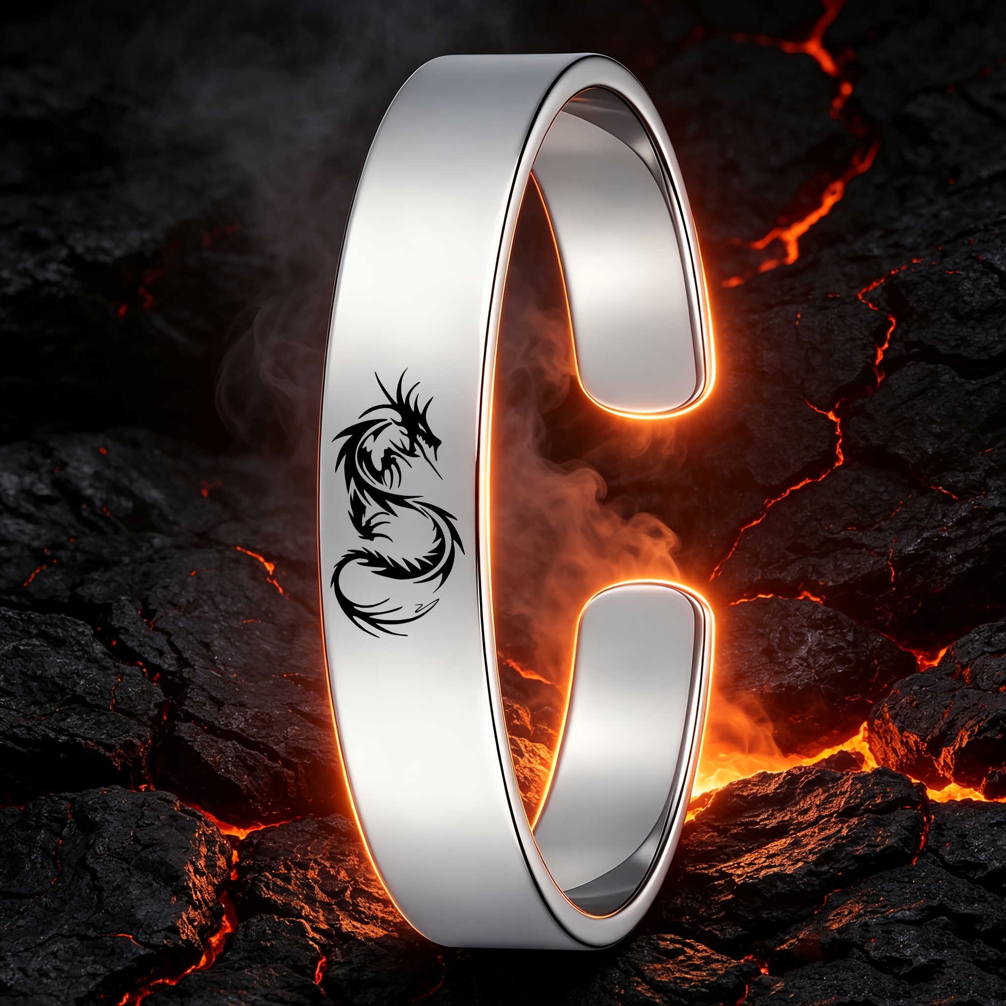 Tribal Dragon Silhouette Design 304 Stainless Steel Open Bangle
