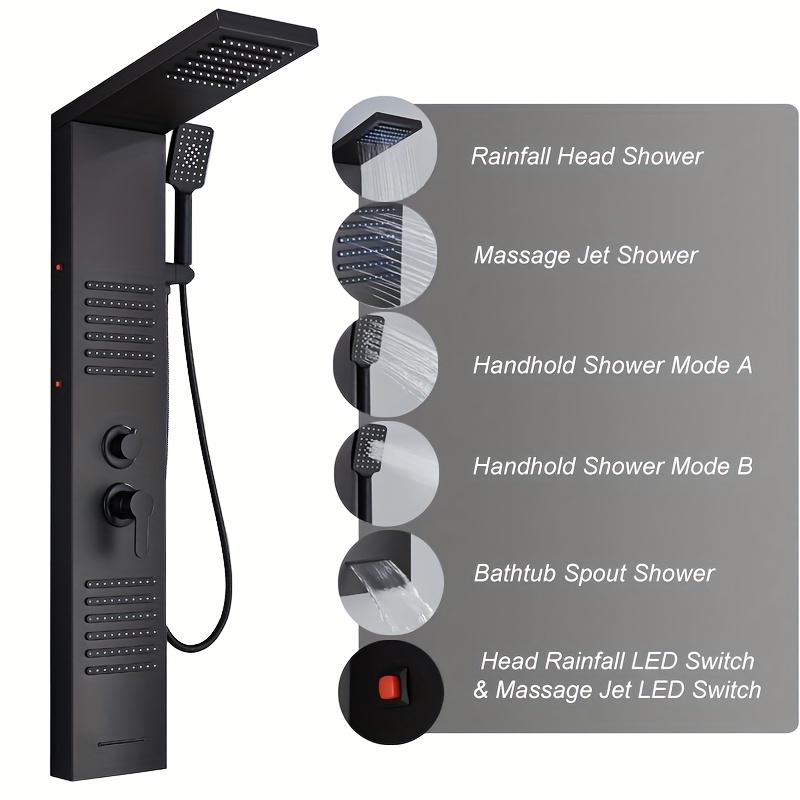 TSIBOMU Shower Panel Tower System – LED Rainfall Shower Head, Body Massage Jets, Handheld Shower & Tub Spout, Stainless Steel Black Column