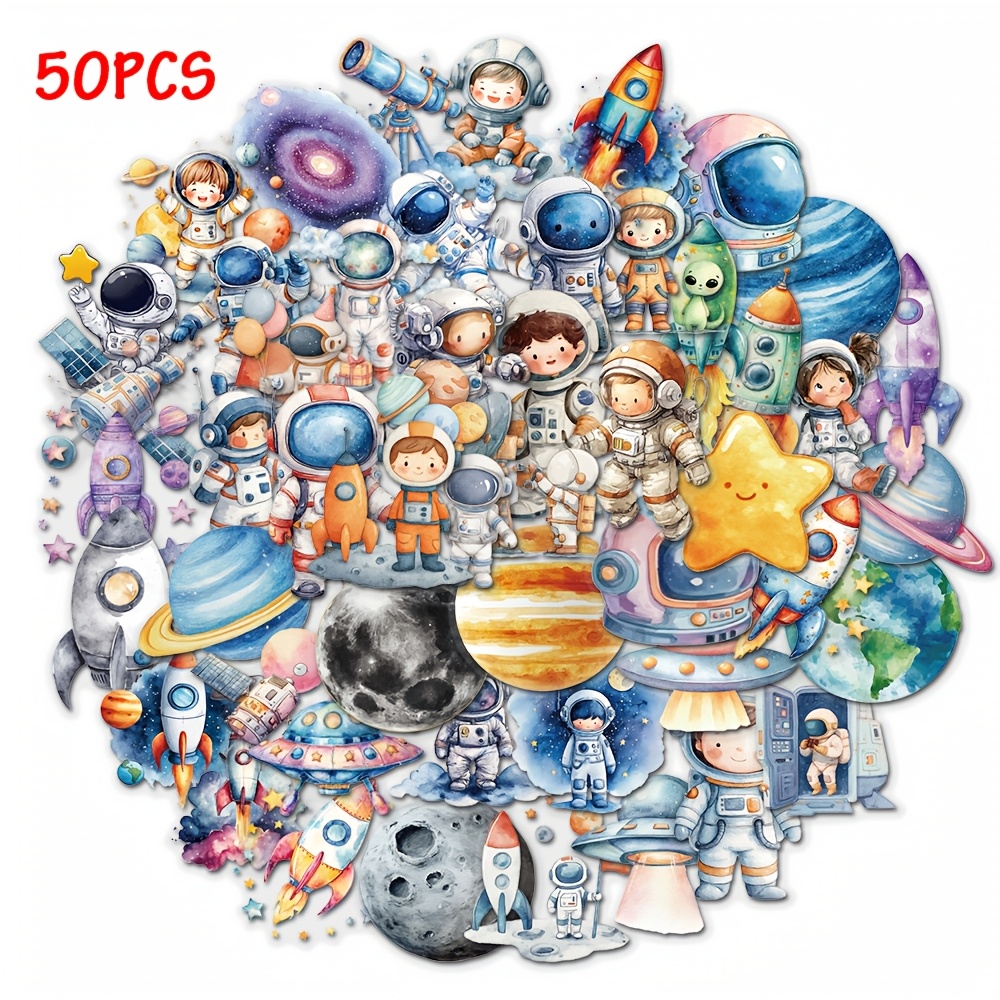 Image of 50pcs Space Astronaut Cute Graffiti Sticker Pack - Cool Cartoon Stickers For Laptops, Skateboards, Suitcases, Etc., Perfect For Art Lovers