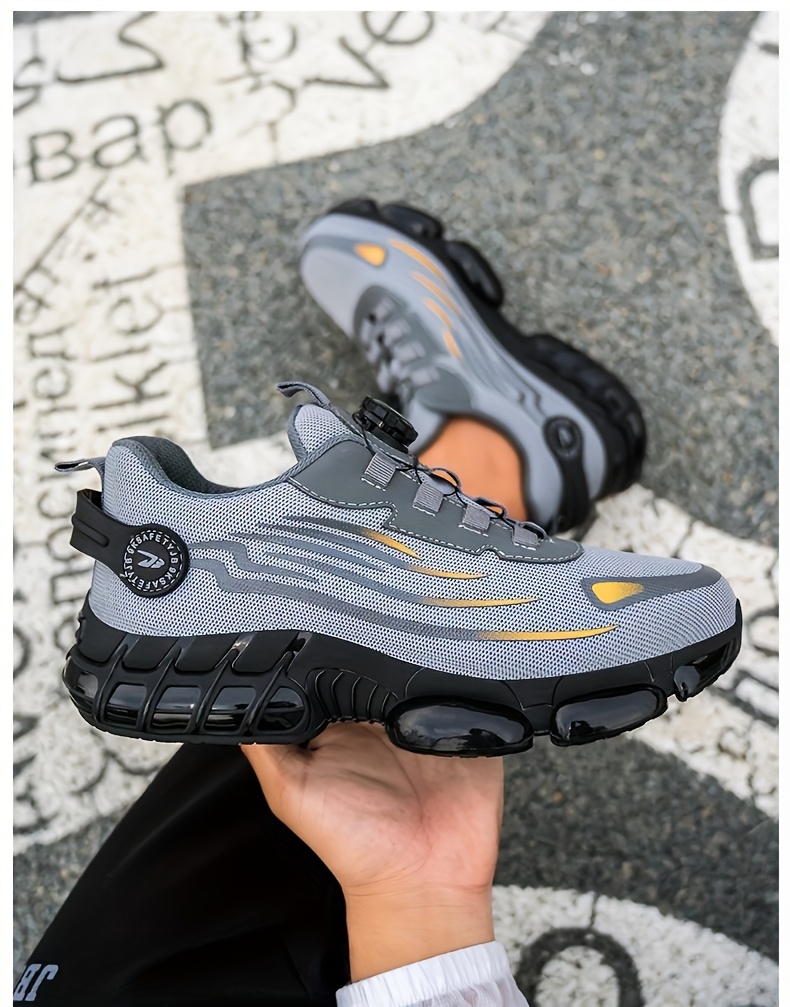Men's Anti-Smashing Anti-Puncture Safety Work Shoes - Breathable Lace-Free Elastic Closure, Soft PU Sole with Metal Toe Cap, Retro Striped Design for Hiking, Outdoor & Daily Wear, Hiking Boots