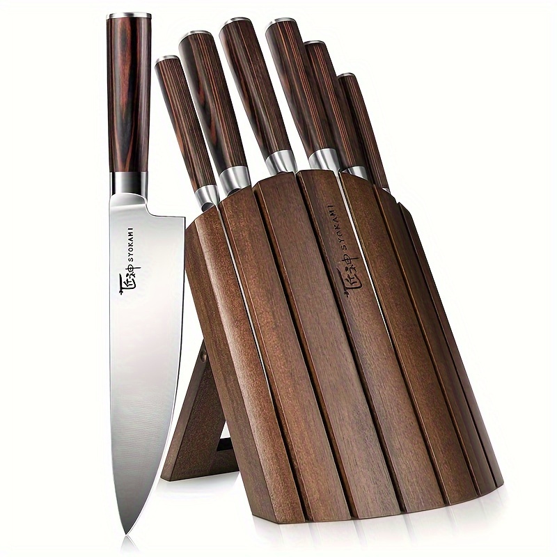 

Knife Block Set, 7 Piece Japanese Style Kitchen Knives With Collapsible Block-drawer Or Countertop Organizer, Ultra Sharp High Carbon Steel Cutting Knife With Wood Handle, House Warming Gift