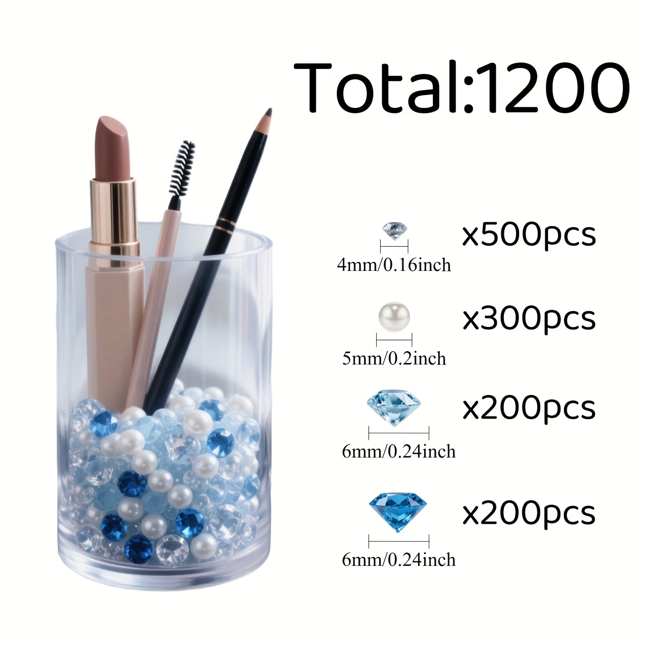 E-shop 1200 Stück 6mm Hellblau/6mm Dunkelblau Diamanten und 5mm Weiße Perlen und 4mm Klare Diamanten - Matte Glänzende Gemischte Vasenfüller für ,