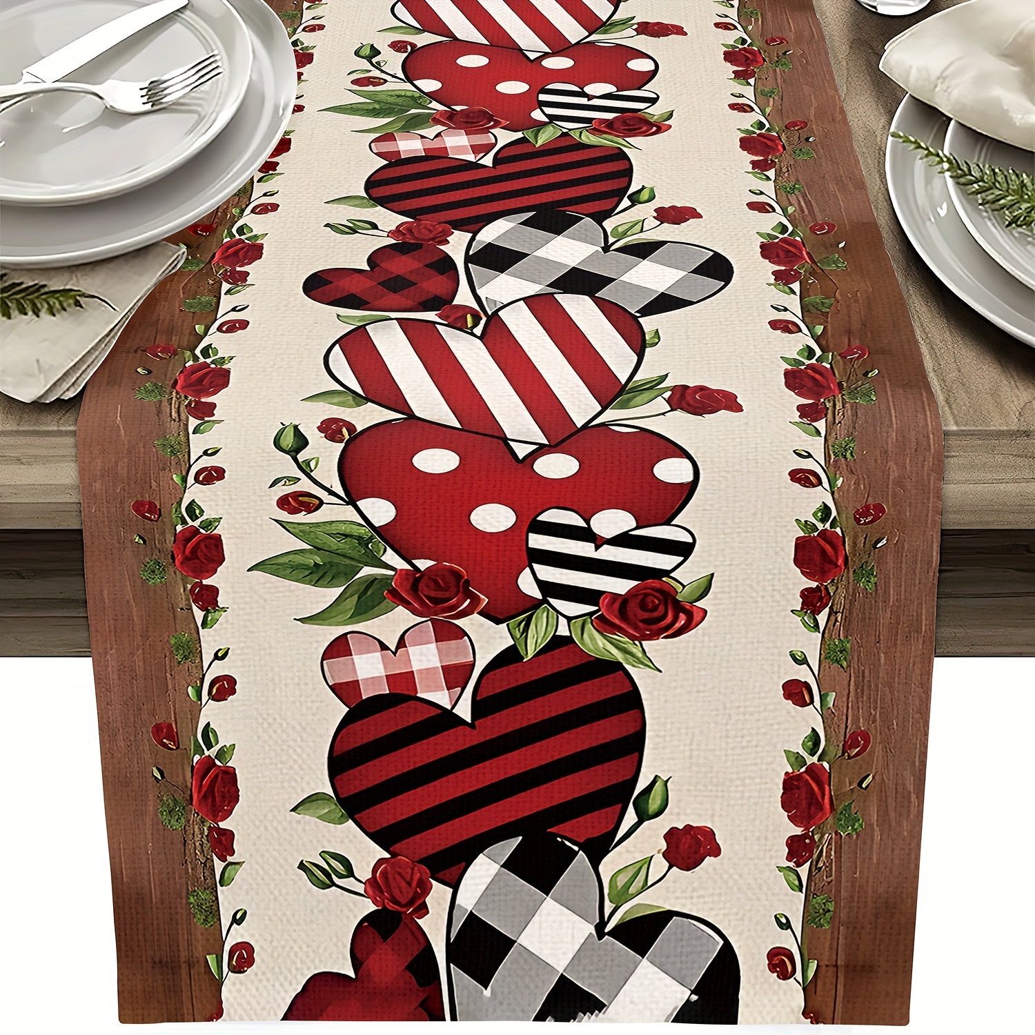 1pc Valentine'S Day Red Heart Ethnic Style Table Runner - 7 Sizes Available, Durable Polyester, Floral & Heart Design, Perfect for Wedding Party & Kitchen Decor, Valentine'S Day Decorations, Wedding Table Decor, Elegant Table Decor