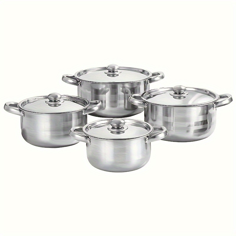 

Deluxe 8-piece Stainless Steel Cookware Set - 4 Sizes With Lids, Durable Versatile (7/7.9/8.6/9.4inch) Camping Supplies