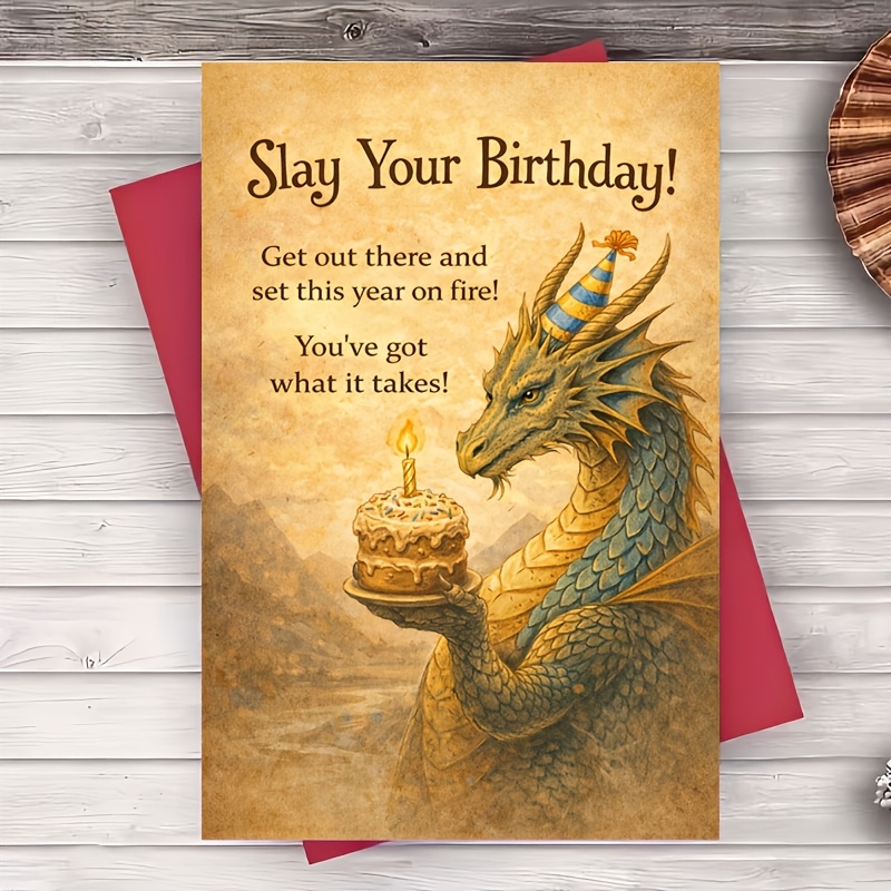 TEMU 1 Envelope And 1 Greeting Card Dragon Birthday Greeting Card Vintage Fantasy Illustration Motivational Message For Coworkers Party Celebration