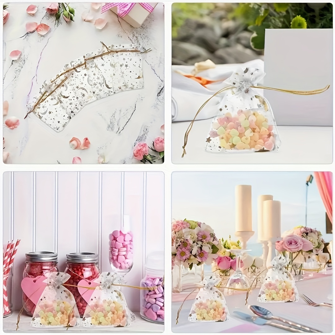 

50pcs Deluxe Organza Drawstring Gift Bags With Golden Moon And Star Design - Polyester Jewelry Pouches For Wedding Favors, Treats, And Small Presents