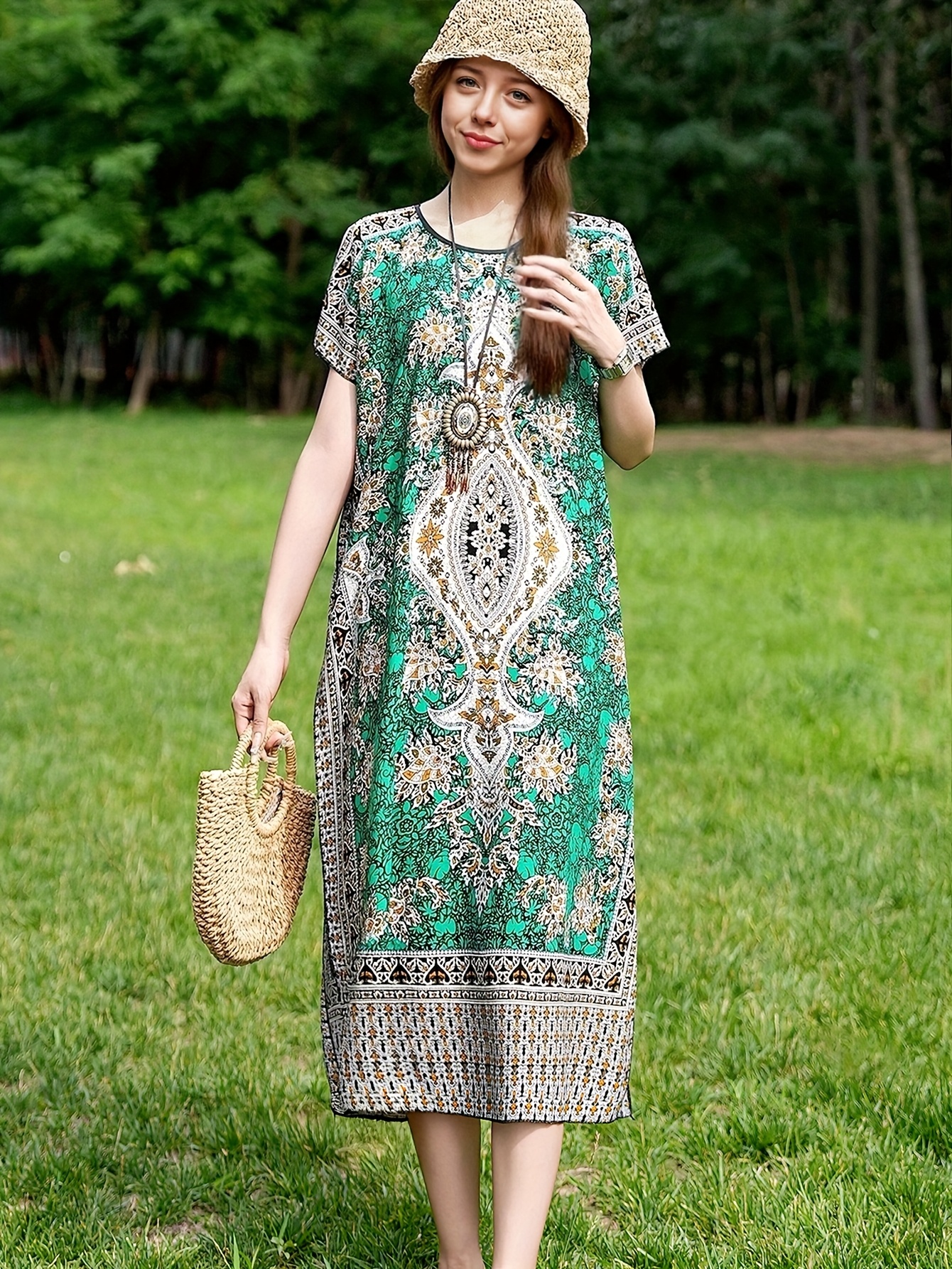 Plus-Size Loose-Fitting Round-Neck Multicolor Printed And Ethnic Style  Shawl Vacation Dress