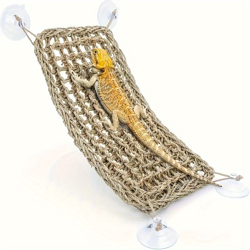 

1pc Large Reptile Hammock, Bearded Dragon Tank Accessory, Foldable Triangular Pet Lounge With Suction Cups For Lizards & Climbing Animals, Comfortable Washable Rattan Material