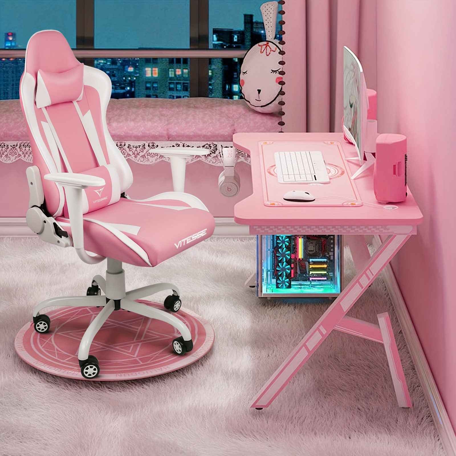 

Pink Cute Kawaii Gaming Chair For Girl Ergonomic Desk Racing Office Adjustable High Back Game Swivel Leather Chair With Lumbar Support And Headrest