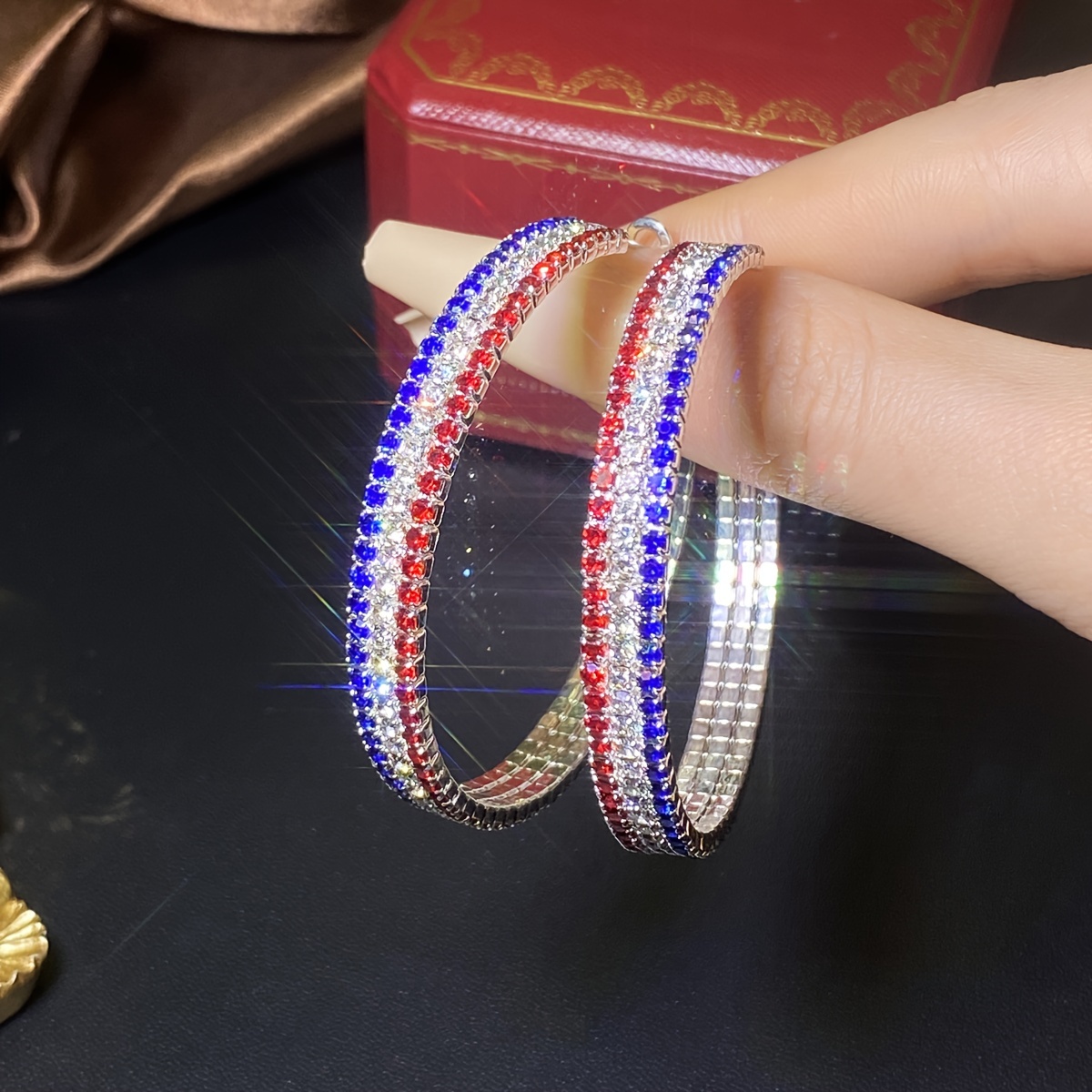 

1 Pair Colored With Red, Blue, White Rhinestone Hoop Earrings, Luxurious & Classic Style, Sparkling Fashion Jewelry For Women, Idea Gift For Friend, Lover