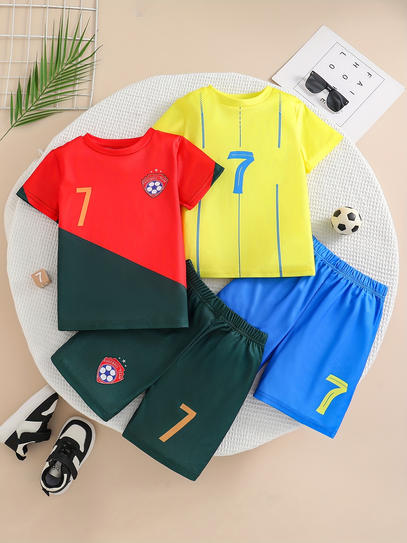 4pcs set young boys casual   number gradient print short sleeve t shirt and shorts football suit suitable for spring and summer daily wear school outdoor sports as a gift for outdoor