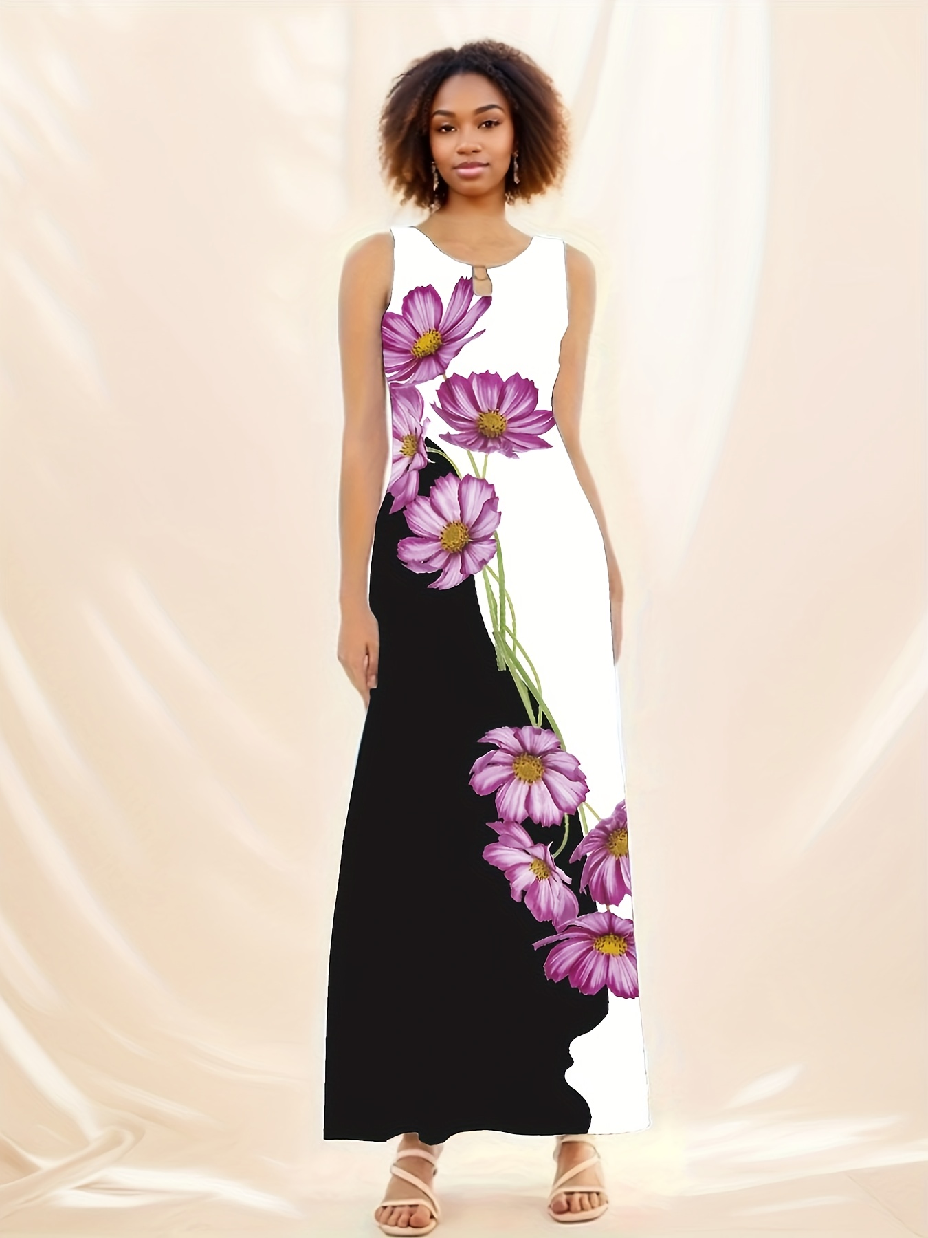 floral print crew neck tank dress elegant sleeveless maxi dress for spring summer womens clothing