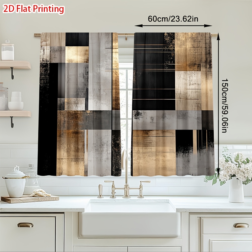TEMU Rideaux 2D Plats - 2 Pièces - Impression 2D Abstraite Dorée Géométrique Semi-Ombre - Design à Poches pour Tringle - Idéal pour Café, Cuisine,