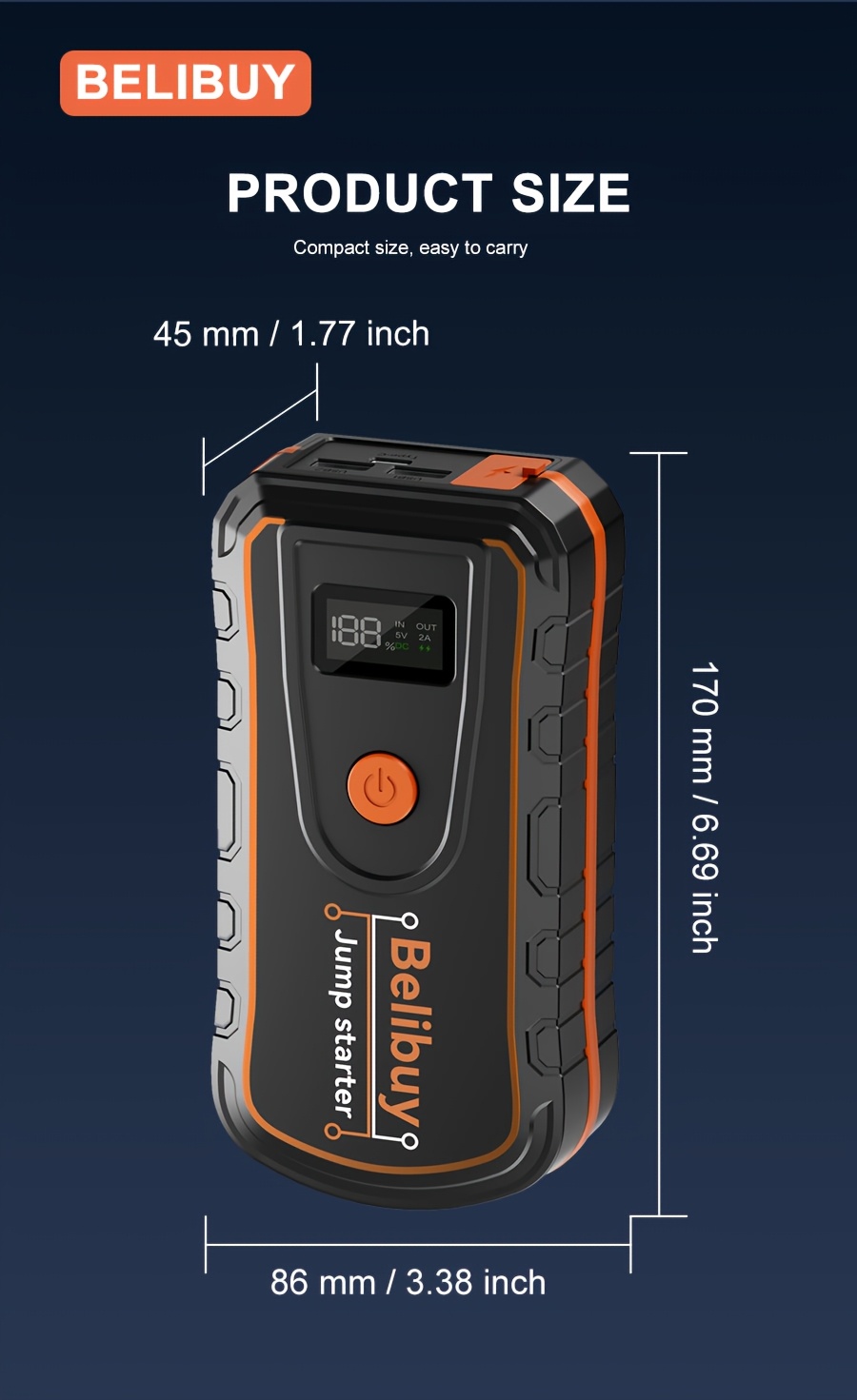 Démarreur d'urgence portable pour voiture - Chargement USB, batterie rechargeable | Conception en ABS noir, convient aux véhicules tout-terrain et aux aventures en plein air, alimentation de secours | Dispositif d'urgence compact | Structure robuste | Affichage numérique, charge rapide