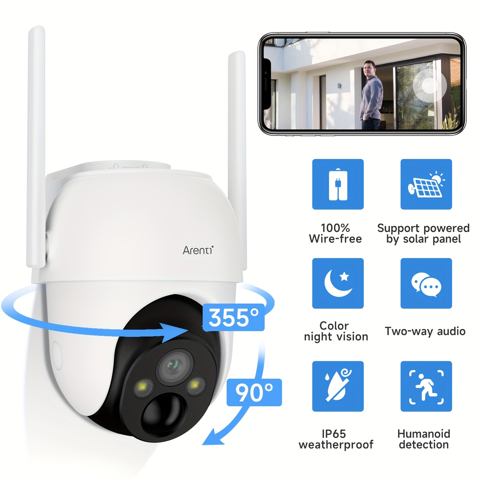 1pc 3MP Outdoor Solar-Powered Security Camera, 360° View Pan Tilt Home Surveillance, Color Night Vision, 2-Way Audio, AI Humanoid Motion Detection, IP65, 1296P FHD Video Recording For Home Safety, Outdoor Surveillance Camera, Durable Construction